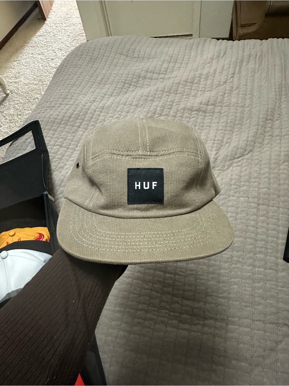 HUF Tan Canvas Five-Panel Cap with Black Logo Patch